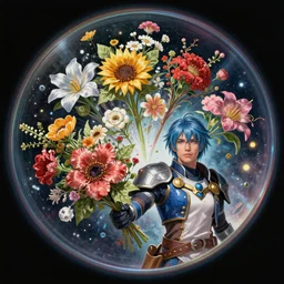 An epic fantastic realism comic book style painting of the most beautiful flowers launched into space, bouquets, fisheye lens, unreal 5, DAZ, hyperrealistic, octane render, cosplay, RPG portrait, dynamic lighting