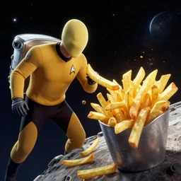 star trek engineer fighting living fries in space eating them