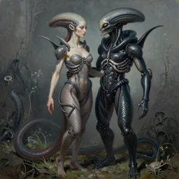 ultra realist intricate detailed painting of an attractive alien female and alien male, full body, curvy, black scales and cyborg tech, very intricate details, focus, artstyle Beksiński and Hiraku Tanaka and Tom Bagshaw, award winning
