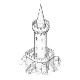 isometric view of a wizard's tower, lineart