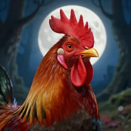 close - up portrait of a beautiful anime rooster in front of the full big moon in a fantasy forest, by james gurney, max liebermann, greg rutkowski, highly detailed digital art, artstation