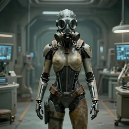 big budget scifi movie set in a war torn hospital about a sexy female cyborg in rubber and gas mask giving memory transplants to time travelling vagabonds