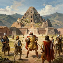 spanish conquer soldier francisco pizarro perverse laughter on a inca temple, greg rutkowski, zabrocki, karlkka, jayison devadas, trending on artstation, 8 k, ultra wide angle, zenith view, pincushion lens effect