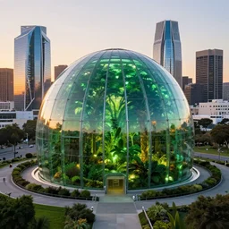city art of los angeles with humongous green glass dome with forest inside and path around it and humongous futuristic glass buildings built in the horizon, sunset light, hyperdetailed, artstation, cgsociety, 8 k