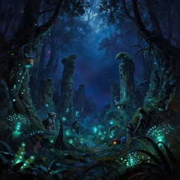 beautiful serene night in pandora jungle ruins, bioluminescence plants, night forest of avatar by james cameron painting, by gaston bussiere, craig mullins, j. c. leyendecker, tom of finland