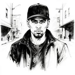 street thug, character portrait, ink drawing, black and white, clean lines, concept art in the style of tim bradstreet