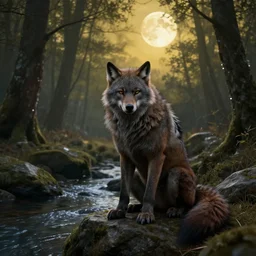 A werewolf sitting on a rock, woodland creek, realistic, skyrim style, yellowish full moon