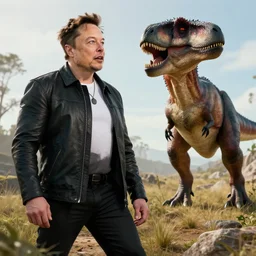 Elon Musk as caveman hunting a wild trex , high quality render photorealistic