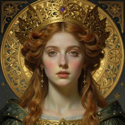 detailed realistic beautiful young medieval queen face portrait by jean delville, tom bagshaw, brooke shaden, gustave dore and marco mazzoni, art nouveau, symbolist, visionary, gothic, pre - raphaelite, ornate gilded medieval icon, surreality, ethereal, unearthly, haunting, celestial, neo - gothic, ghostly, memento mori, enigmatic