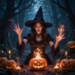 halloween witch girl with making witchcraft, magic in her hands, spells. beautiful young woman in witches hat conjuring. spooky dark magic forest background. magician. wide halloween party art design