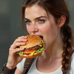 portrait of lara croft biting a giant hamburger eating a big mac hamburger with extra ketchup and mustard lettuce and tomato, divine feminine ethereal light, highly detailed, lifelike, photorealistic, digital painting, artstation, illustration, smooth, sharp focus, art by collier, albert aublet, krenz cushart, artem demura, alphonse mucha