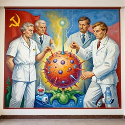 colorful soviet wall mural depicting heroic scientists who create synthetic life, Kiev institute of the cell, Nikon D750, 4K