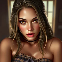 a beautiful woman with sultry honey eyes, wearing plaid pleat shorts and drawstring shirred tube top, stunning, highly detailed, digital painting, artstation, hard focus, art by artgerm and wlop