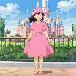 girl wearing pink dress, pink flip flops, and a pink bucket hat with white polka dots, disneyland background, anime key visual, kyoto animation