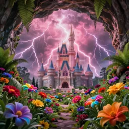 inside a cave with hyper - realistic garden of bright coloured rainbow flowers and ferns : 4, overlooking a castle with pink lightning clouds : 1, highly symmetrical, balanced, lightning clouds : 6, octane render, in the style of sahm : 3, hd, 4 k, ultra - realistic, in unreal engine