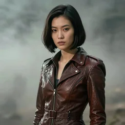 moody, youthful asian blade runner demure, 3 5 mm, exquisite features, feminine cut, 1 9 7 0's frontiers in flight leather suit, roger deakins, smoke, grain, misty