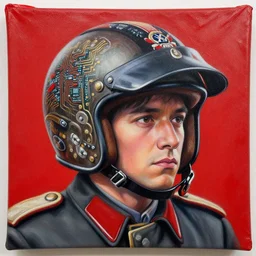 portrait of a third reich pilot in ornate motorcycle dirt helmet in a helmet background red plastic bag, circuitboard,, rich deep colors, by shusei nagaoka kaws david rudnick airbrush on canvas pastell colors cell shaded 8 k, 5 mm