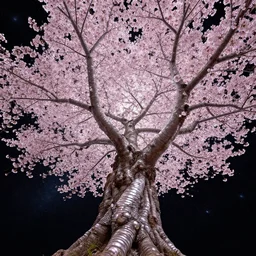 fractal sakura in deep space in style of Dean Roger, massive wide trunk, pearly tree bark, hyper realism, very detailed, no text, contrast picture