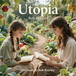 Utopia by Bob Byerley , old roads are transformed into gardens growing fruits and vegetables, Vivianne and Erika are reading philosophy, solarpunk, futuristic, close-up, 8K, very beautiful, stunning, calm atmosphere, detailed