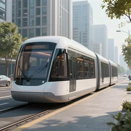 futuristic designs for a segmented monorail on the sidewalk. design. utopia. future. eco friendly, realistic render, perfect city, 4 k