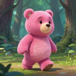 pink chocolate teddy bear walking in a forest in the croods movie style, anime, disney, pixar, 8 k, hd, dof, kodak film, volumetric lighting, subsurface scattering, photorealistic, octane render, details