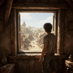 dry arid delicious view from standing inside the interior dingy wooden fort tower room window looking out at the bustling medieval town streets below atmospheric unreal engine hyperreallistic render 8 k concept art masterpiece screenshot from the video game borderlands 2 global illumination