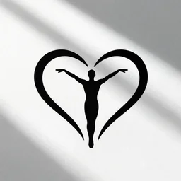 clean black and white print on white paper, high contrast, logo of stylized gymnast silhouette forming a symmetric heart