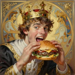 oil painting, jughead jones wears a crown and devours a hamburger, intricate, elegant, highly detailed, lighting, painting, artstation, smooth, illustration, art by greg rutowski and alphonse mucha
