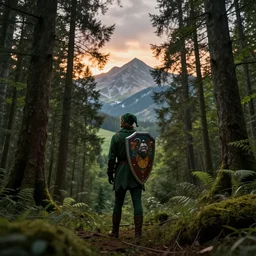 elf man wearing dark green with a shield on his back standing at a forest looking for adventure in the mountains, tall trees, landscape is lush, moody sunset in background, greg rutkowski, alphonse mucha, trending on artstation, artgerm, unreal engine, breathtaking, award winning, highly detailed