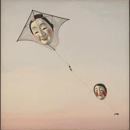 wind kites in the form of noh masks in the sky, peaceful, joy, copper plate, realism, j. j. grandville, outline