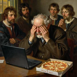 weeping desperate grandpa trying to figure out how to order an online pizza sitting in his small room glaring at his lenovo thinkpad laptop t 4 1 0 8 gb ram norman rockwell leonardo da vinci giotto jamie wyeth greg rutkowski winslow homer thomas eakins lucian freud edward hopper j. m. w. turner oil painting