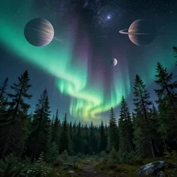 psychedelic, trippy, northern lights, pine forest, planets, milky way, cartoon by rob gonsalves