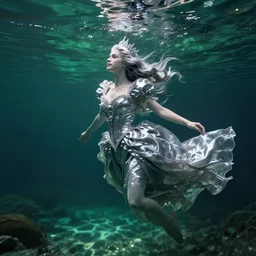 A silver haired mad princess, dressed in a beautiful, fancy silver dress, floathing underwater in a lake, mystical, atmospheric, greenish blue tones, underwater photography, concept art by Annie Stegg Gerard, Ian David Soar, John Anster Fitzgerald, and Greg Rutkowski