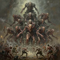 oil paint of 1 1 horrifying machines as autolysis idols, wearing flayed gods, in tiers, colossal medical gangrene machines in tiers, insane speed of dethroning melee, battle pit, by wayne d barlowe, boris vallejo, stefano tamburini, torch light, muted colors, epic, hyper detailed, awe inspiring, award winning horror, hyper realism, cinematic