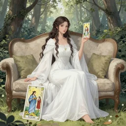 an highly detailed magical empress sitting by herself on a sofa in a forest wearing a white robe drawn by cloverworks studio, elegant, beauty, tarot card,