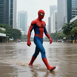 an photo of spiderman get walking on jakarta and the city is flooded