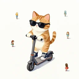 cute and funny, a cat standing on its back legs, wearing high top sneakers and sunglasses, riding an e - scooter, ratfink style by ed roth, centered award winning watercolor pen illustration, isometric illustration by chihiro iwasaki, edited by range murata, tiny details by artgerm and watercolor girl, symmetrically isometrically centered