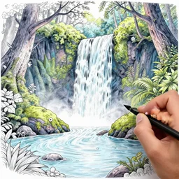 an adult coloring page of a waterfall in the enchanted forest, light detail
