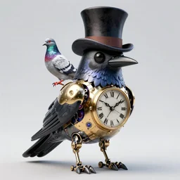 an ultra detailed dapper-looking bio-mechanical clockwork crow wearing a top hat with a painting of a female pigeon behind him, by Yuumei, Trending on Artstation, CG Society