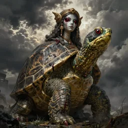 A turtle priestess with bloody eyes by greg rutkowski in the style of magic the gathering