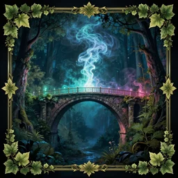 neon lighting smoke, uhd, 4 k, high quality, book cover!!!!!!!!!!!!, old bridge, ivy leaves graphic vectors at each border, fantasy forest landscape, fantasy magic, light night, intricate, elegant, sharp focus, illustration, highly detailed, digital painting, concept art, matte, art by wlop and artgerm and ivan shishkin and andrey shishkin, masterpiece