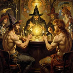 muscular attractive wizards playing magic in bar, painting by gaston bussiere, craig mullins, greg rutkowski, alphonse mucha