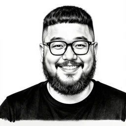 highly detailed ink illustration of a buff smiling man with long stubble, square glasses and a pot cut, wearing a black shirt, b & w clean shaped illustration by kim jung gi