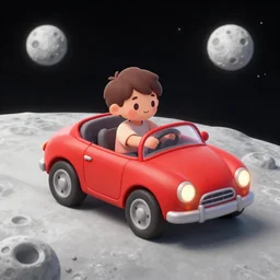 A kid is driving a red car on the moon, concept art