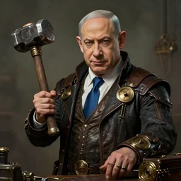 steampunk portrait of benjamin netanyahu hammering, by dofresh