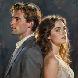 a handsome man and a beautiful woman back to back artwork by james jean, Phil noto and rebecca guay