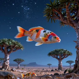 koi fish swimming in the sky over moonlit socotra island with dragon trees, starry night, sharp focus, wide shot, trending on artstation, masterpiece, by greg rutkowski, by ross tran, by fenghua zhong, octane, soft render, ultrarealistic, colorful, cinematic, horizon forbidden west