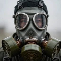 close up front facing gas mask, striking photograph