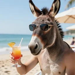 a human with a donkey head wearing cool sunglasses is holding a coctail at the beach, 8k, hyper-detailed, photorealistic