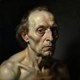 refined gorgeous blended oil painting with black background by christian rex van minnen rachel ruysch dali todd schorr of a chiaroscuro portrait of an extremely bizarre disturbing old wrinkled man with shiny alien skin dutch golden age vanitas intense chiaroscuro cast shadows obscuring features dramatic lighting perfect composition masterpiece